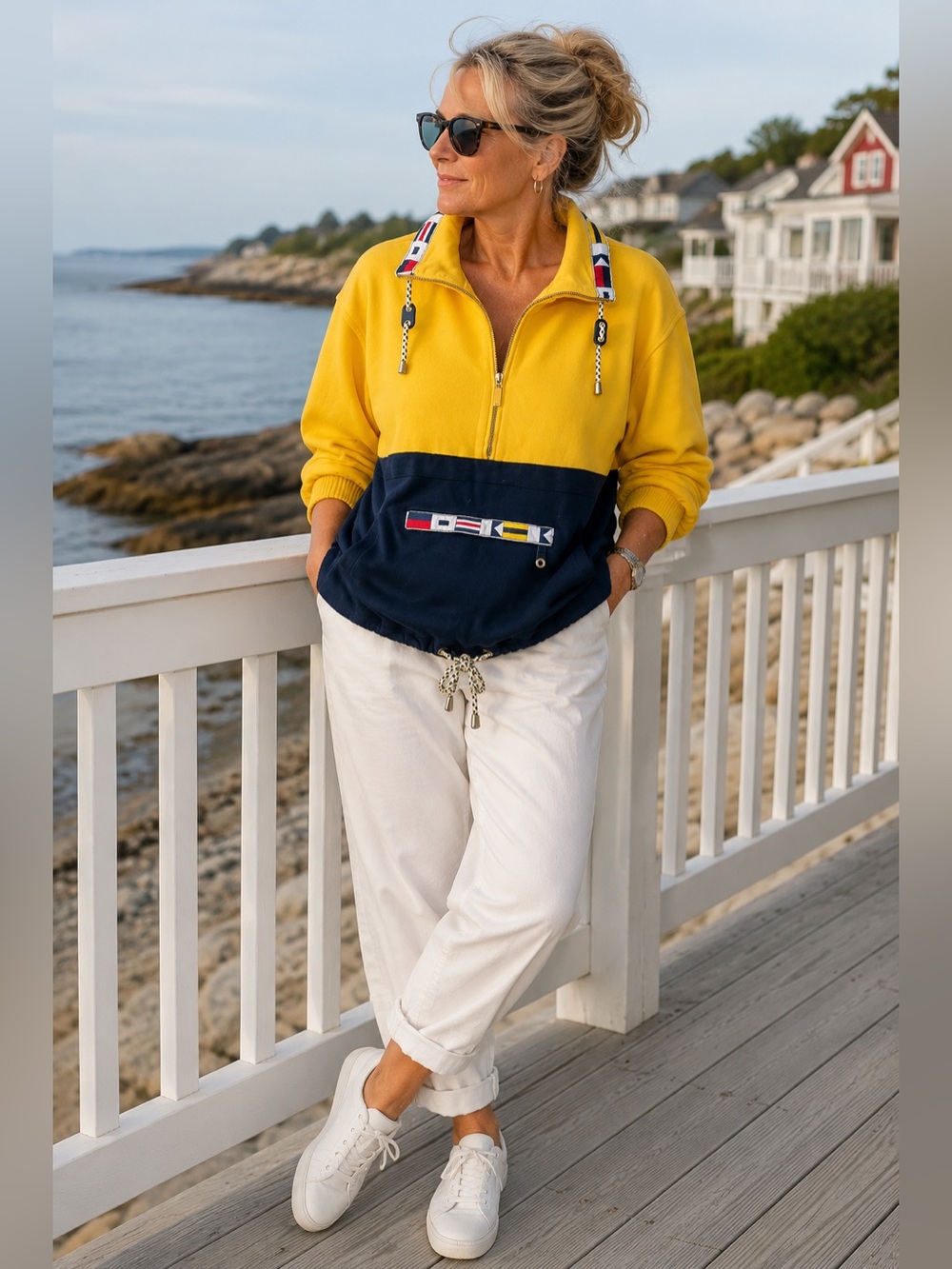Escada Sport Nautical Quarter Zip Pullover | Yellow & Navy | Women’s XL